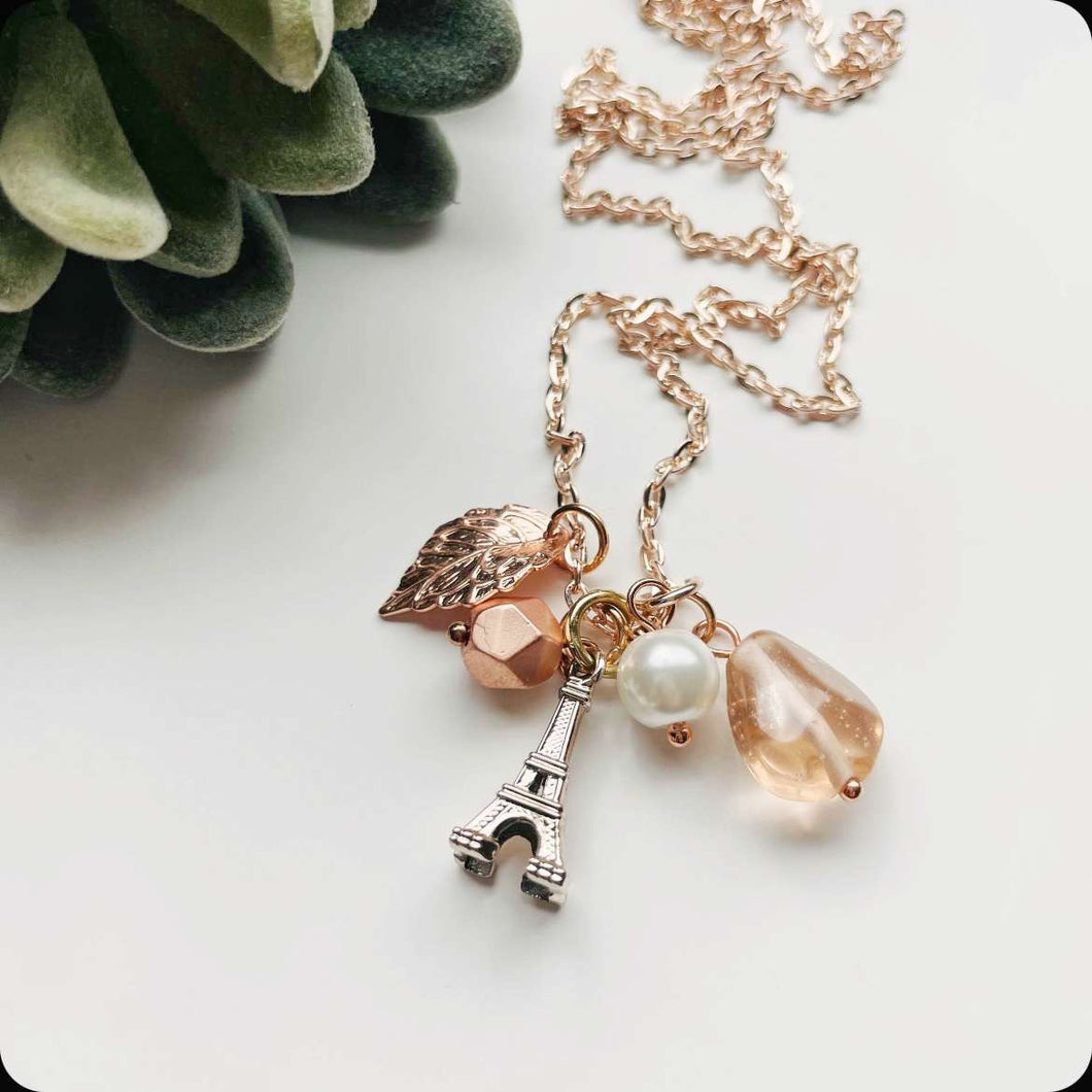 Necklace / one of a kind #54 / rose gold eiffel tower pearl irridecent pink cluster