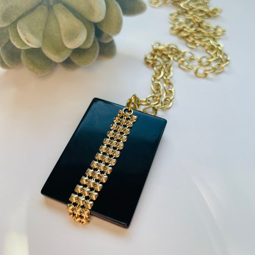 Necklace / one of a kind #12 / gold tassel black rectangle