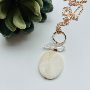 Necklace / one of a kind #50 / rosegold Oval shell clear quartz