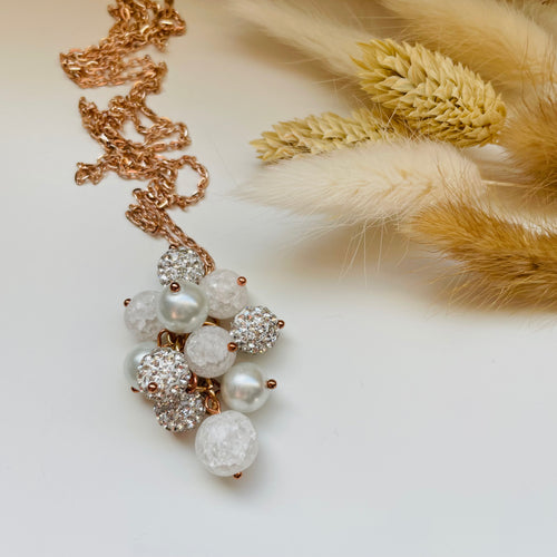 Cluster Necklace / Glitterball #9 / White crackle rose gold