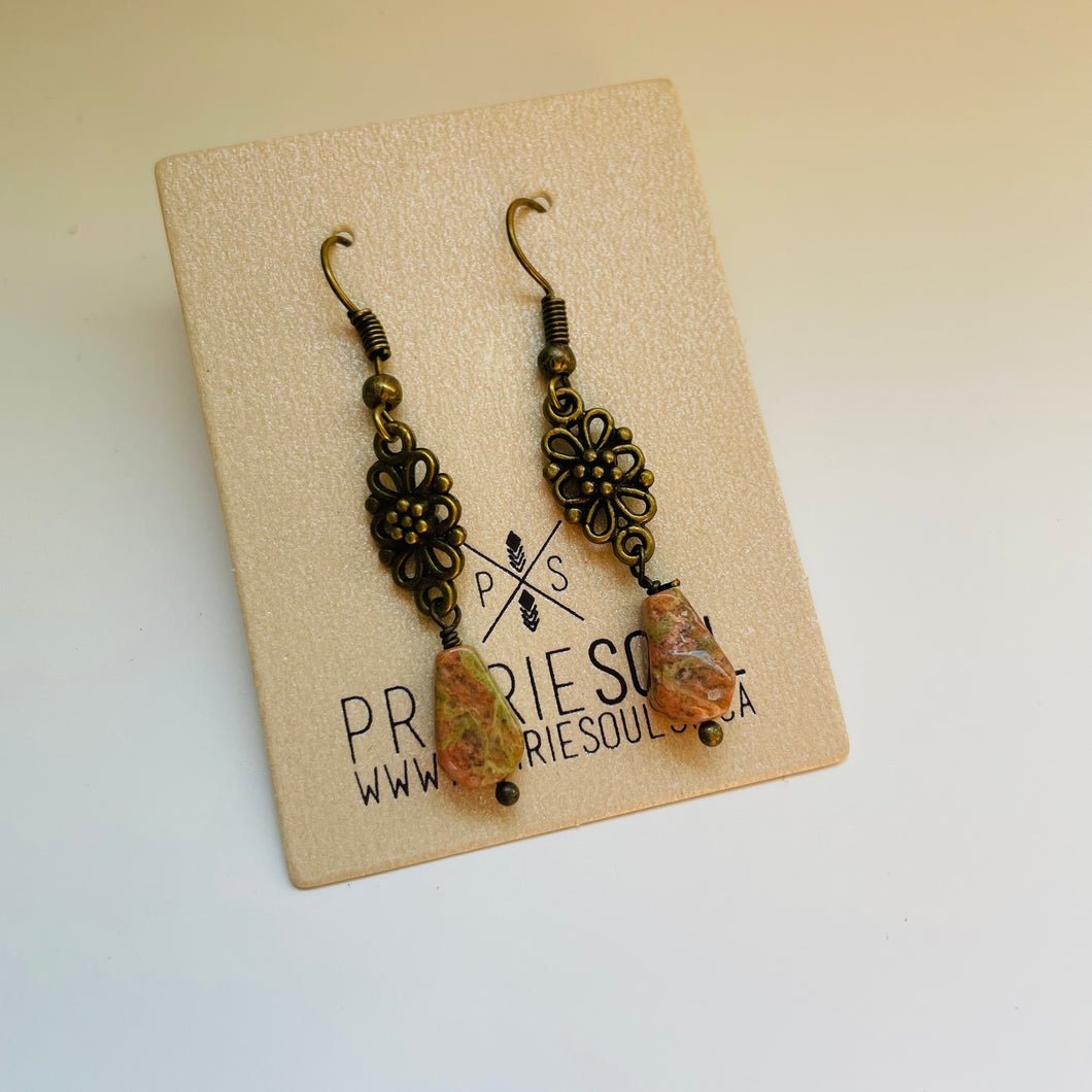 Earring / one of a kind #74 / bronze unakite