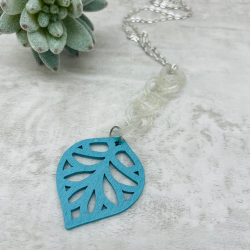 Necklace / one of a kind #61 / silver blue wood leaf and clear
