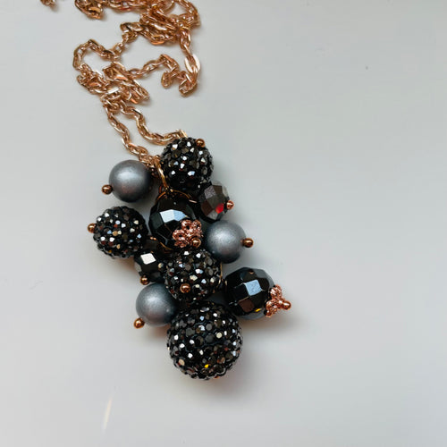 Cluster Necklace / glitterball #1 / gunmetal, grey on rosegold